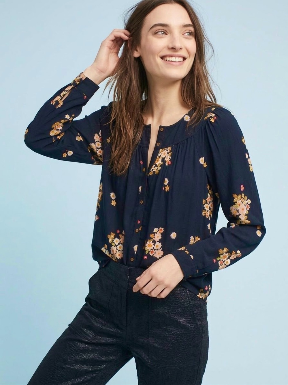 Maeve Anthropologie Floral Yoke Button Down Blouse Top XL Black Boho Cottagecore